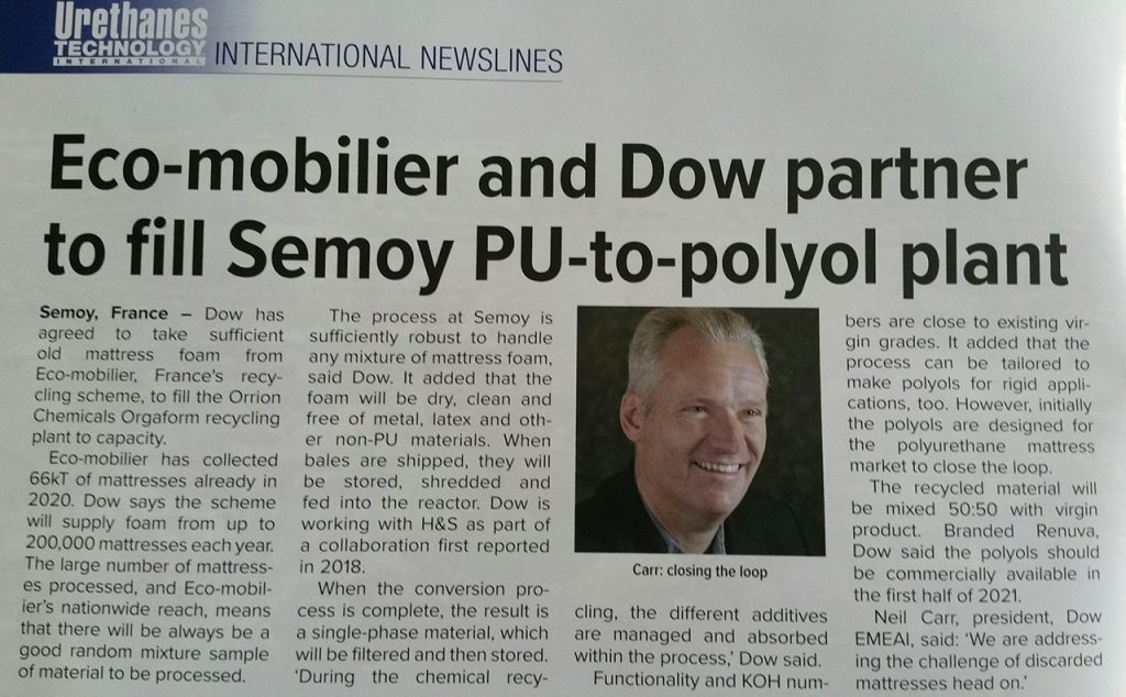 Eco-mobilier and Dow partner to fill Semoy PU-to-polyol plant
